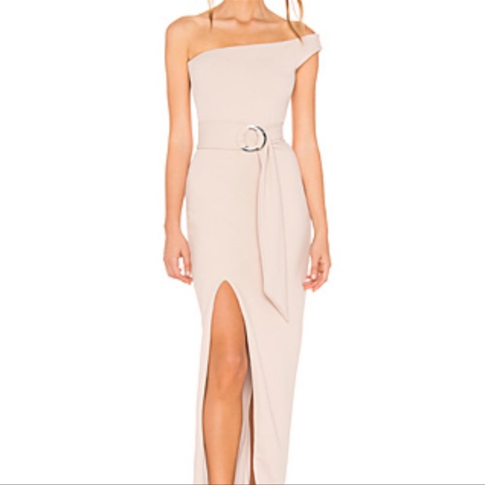 Revolve Nookie gown in sand. One shoulder size M